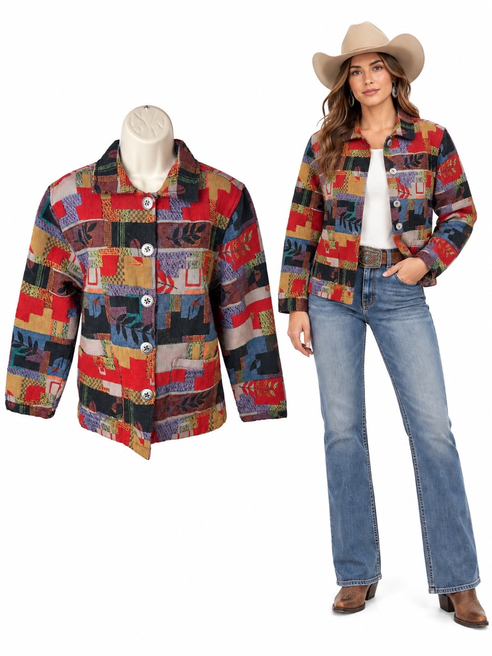Vintage 90s Jane Ashley Western Tapestry Jacket Abstract Boho Woven Artsy Medium